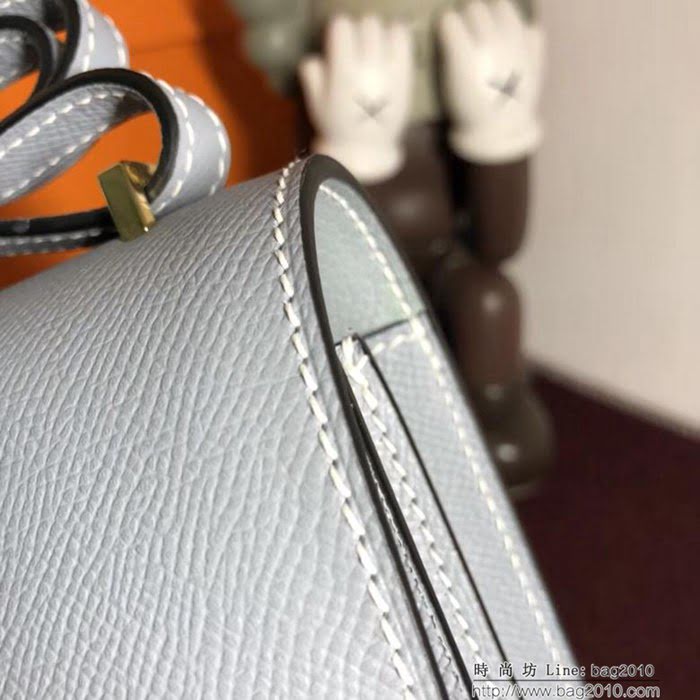 HERMES愛馬仕 空姐包 constance 亞麻藍 EPSOM 18cm 金扣 蠟線縫製 單肩斜挎包  Ama1511
